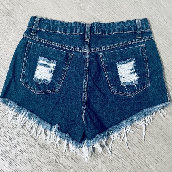 New Hocchi Brazil Jean Shorts High Rise Women’s 8 Raw Hem Distressed Denim Blue - Picture 3 of 9
